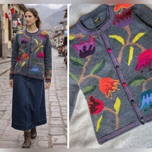 100% Peruvian Alpaca Floral Embroidered Button-Up Sweater Cardigan